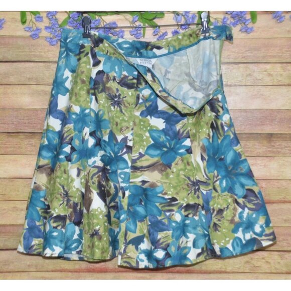 Vintage George Ladies Blue Green Floral A-Line Knee Length Skirt Size 12 Casual - Picture 2 of 8